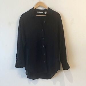 Black Line Button Up Tunic Shirt Long Sleeves Airy